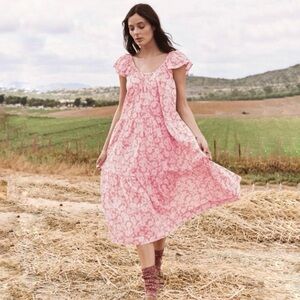 The GREAT. The Whipstitched Plumeria Dress Tiered Floral Cotton Midi Pink 0 XS